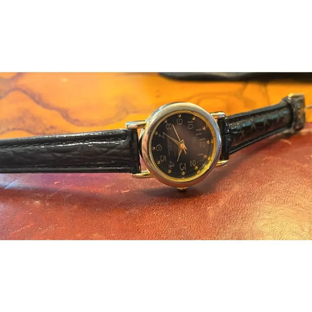 Women's 24mm Acuet Quartz Watch, Gold Tone, Black Face, Leather Band